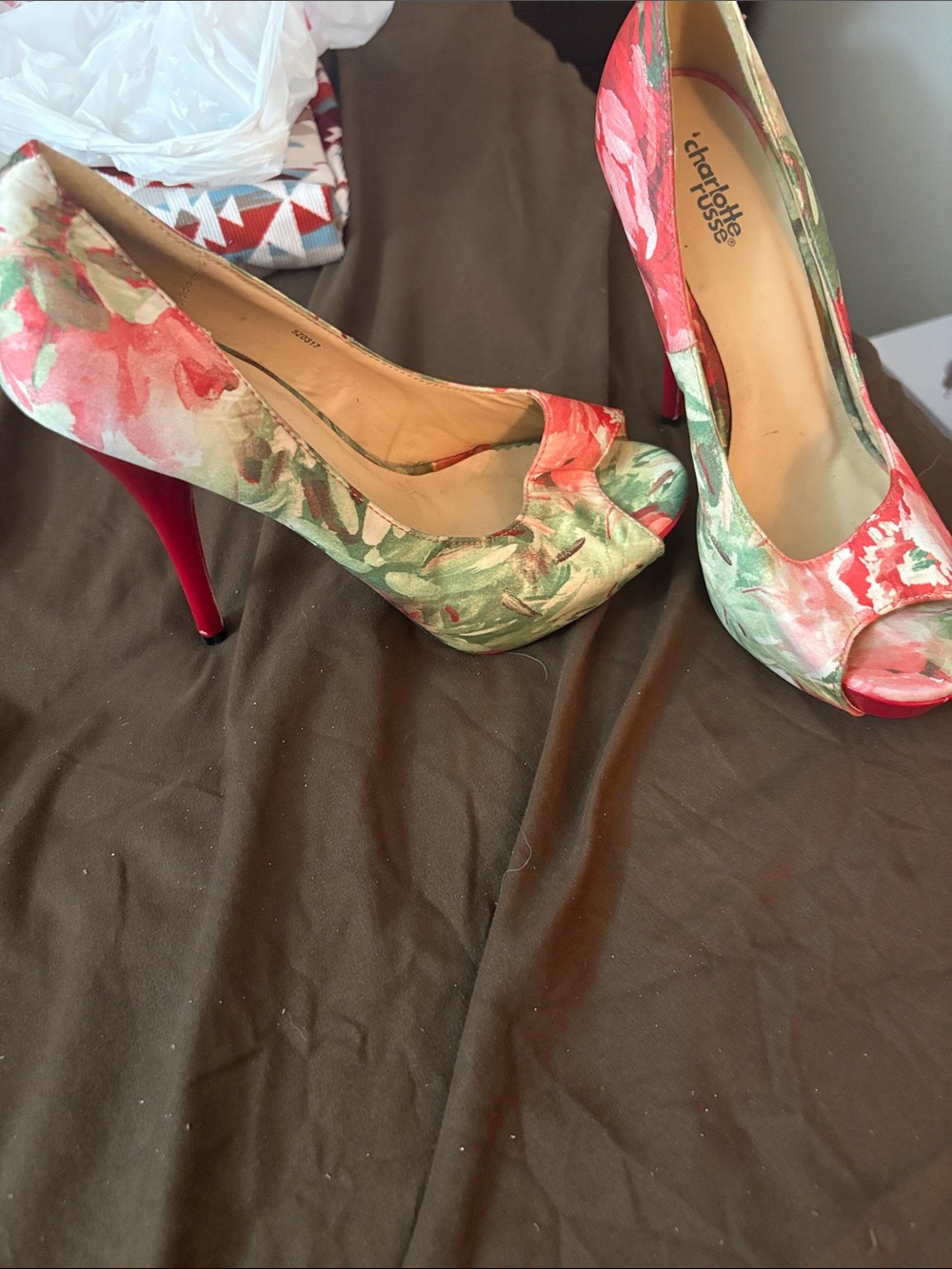 Charlotte Russe Coral & Green Floral Peep-Toe Heels